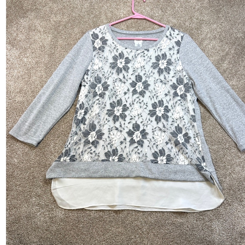 Dressbarn Womens Gray Floral Lace Layered Tunic Top M 3/4 Sleeve Shabby Office